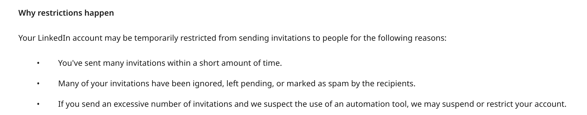 LinkedIn Help: Why restrictions happen (public page, captured 28 Sep 2026)