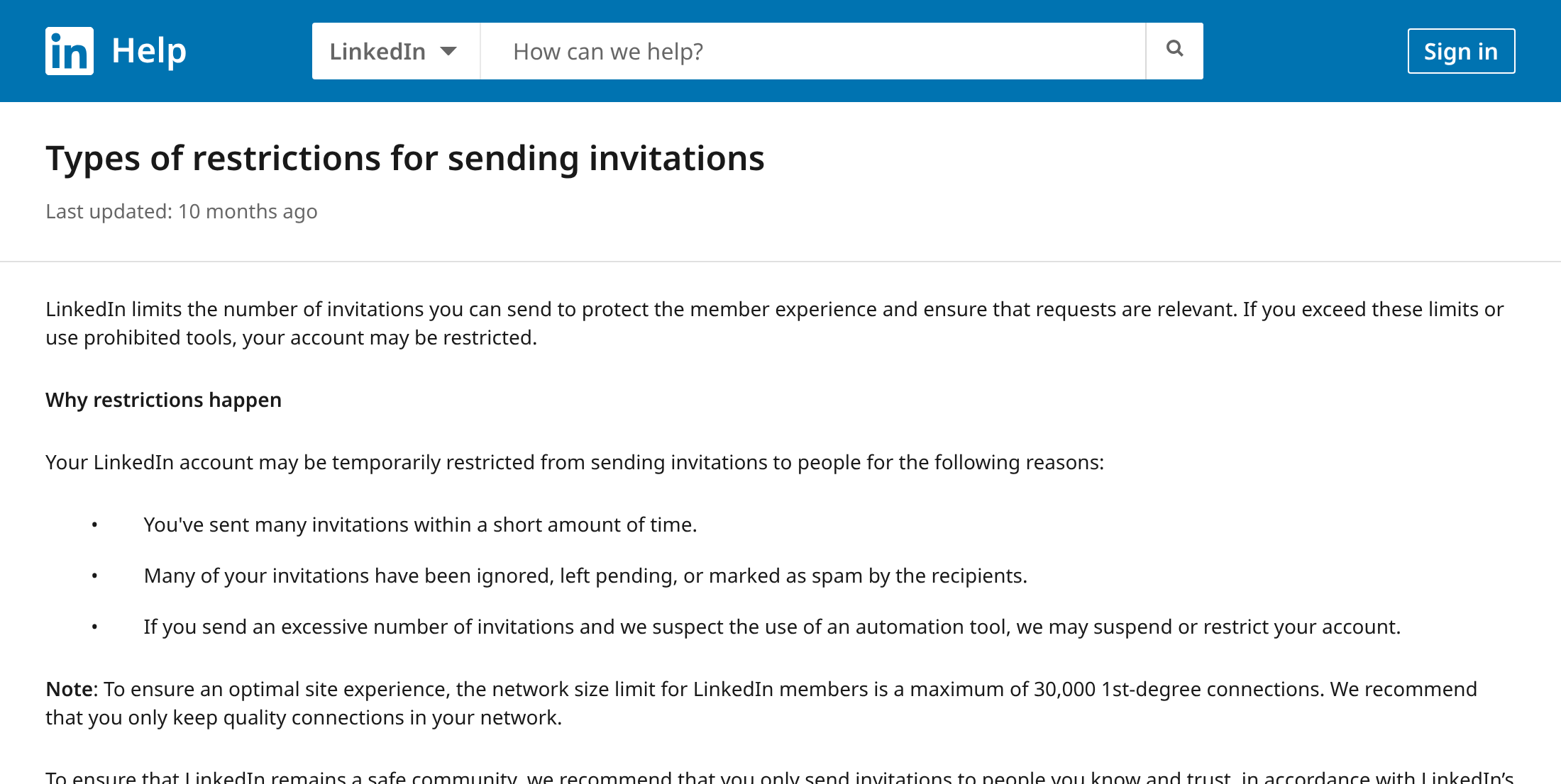 LinkedIn Help: Types of restrictions for sending invitations (public page, captured 28 Sep 2026)