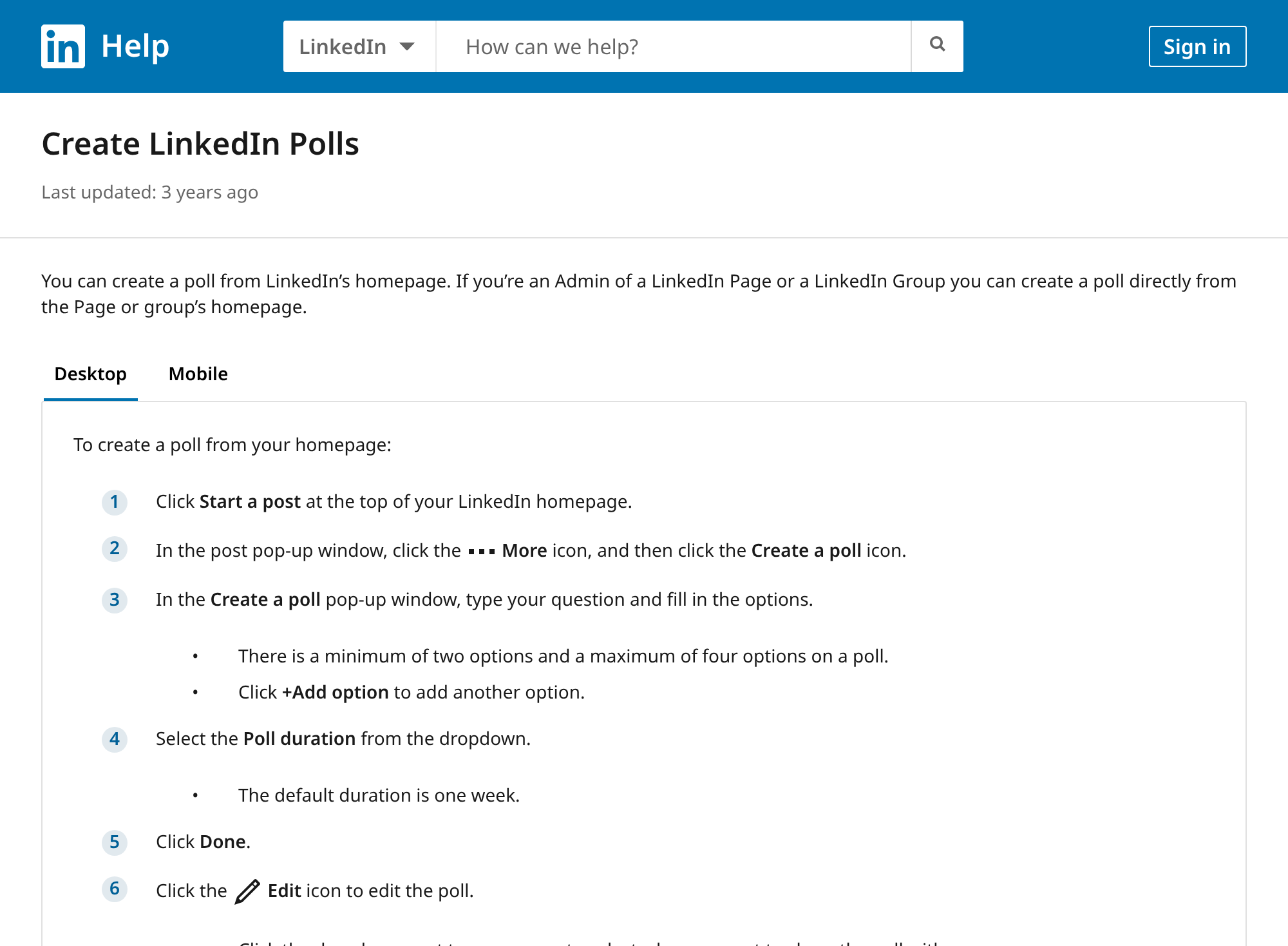 LinkedIn Help: Create LinkedIn Polls (public page, captured 28 Sep 2026)
